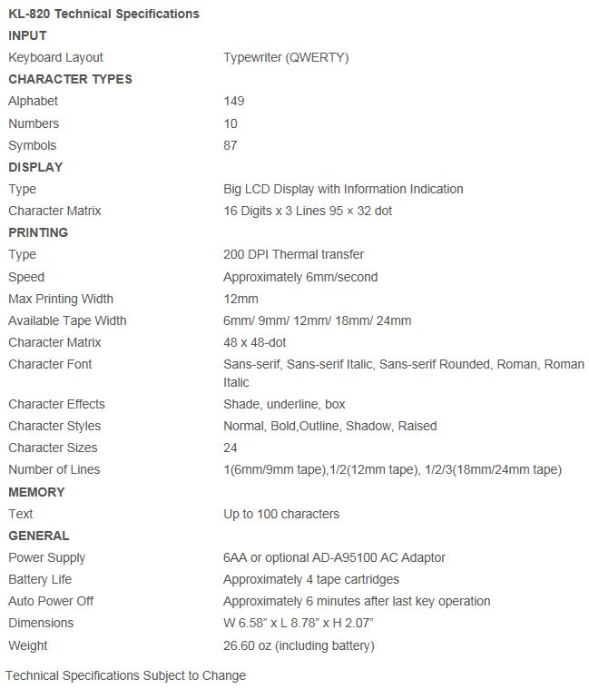 Casio KL-820 Label Printer Specifications